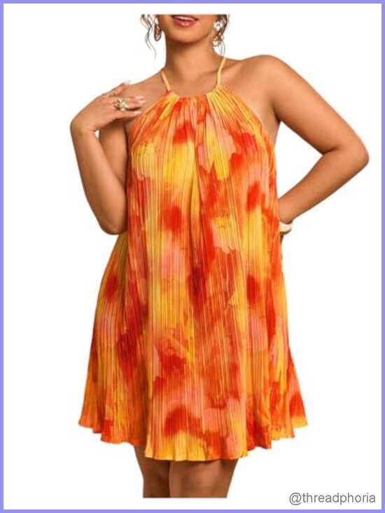 Dresses & Skirts - Plus Size Halter Pleated Mini Dress Tie Dye Flowy Beach Sundress
